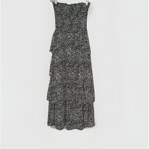 Yorgos Tiered Ruffle Midi Dress Women's M Black White Leopard Flowy Gorgeous
